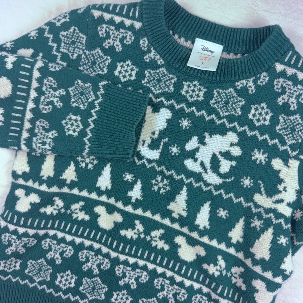 Disney Jumping Beans Sweater Kids 5T Green Mickey Mouse Fair Isle Holiday Knit